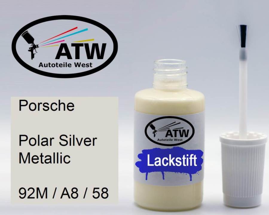 Porsche, Polar Silver Metallic, 92M / A8 / 58: 20ml Lackstift, von ATW Autoteile West.
